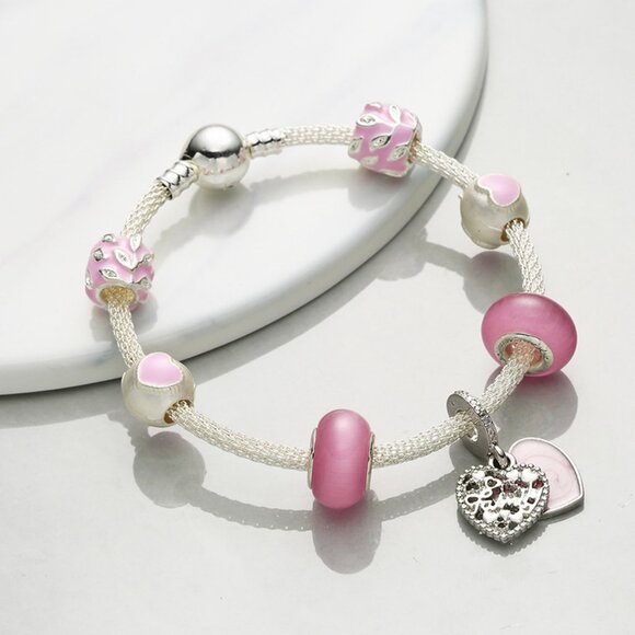 Pink heart-shaped pendant bracelet - Picture 2 of 5